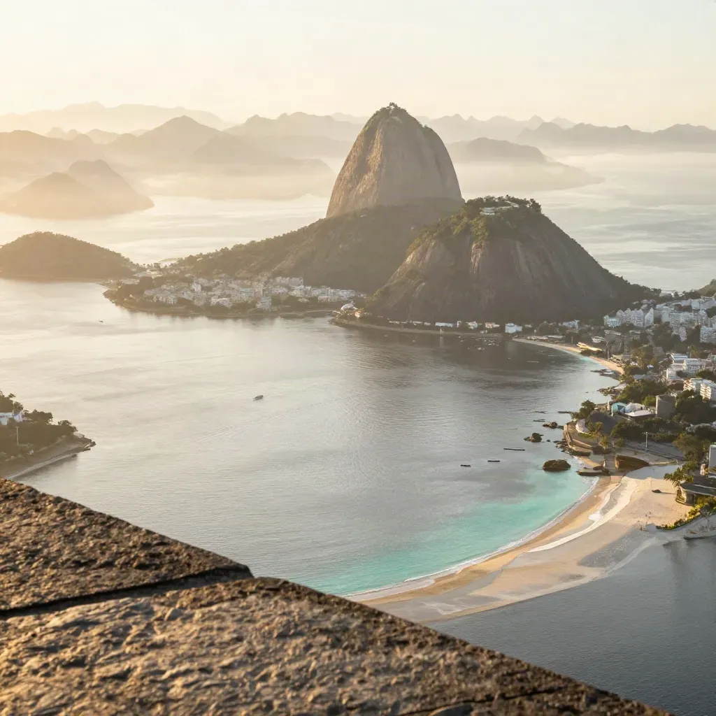 Vista aérea do Pão de Açúcar e Baía de Guanabara ao amanhecer, com névoa dourada.